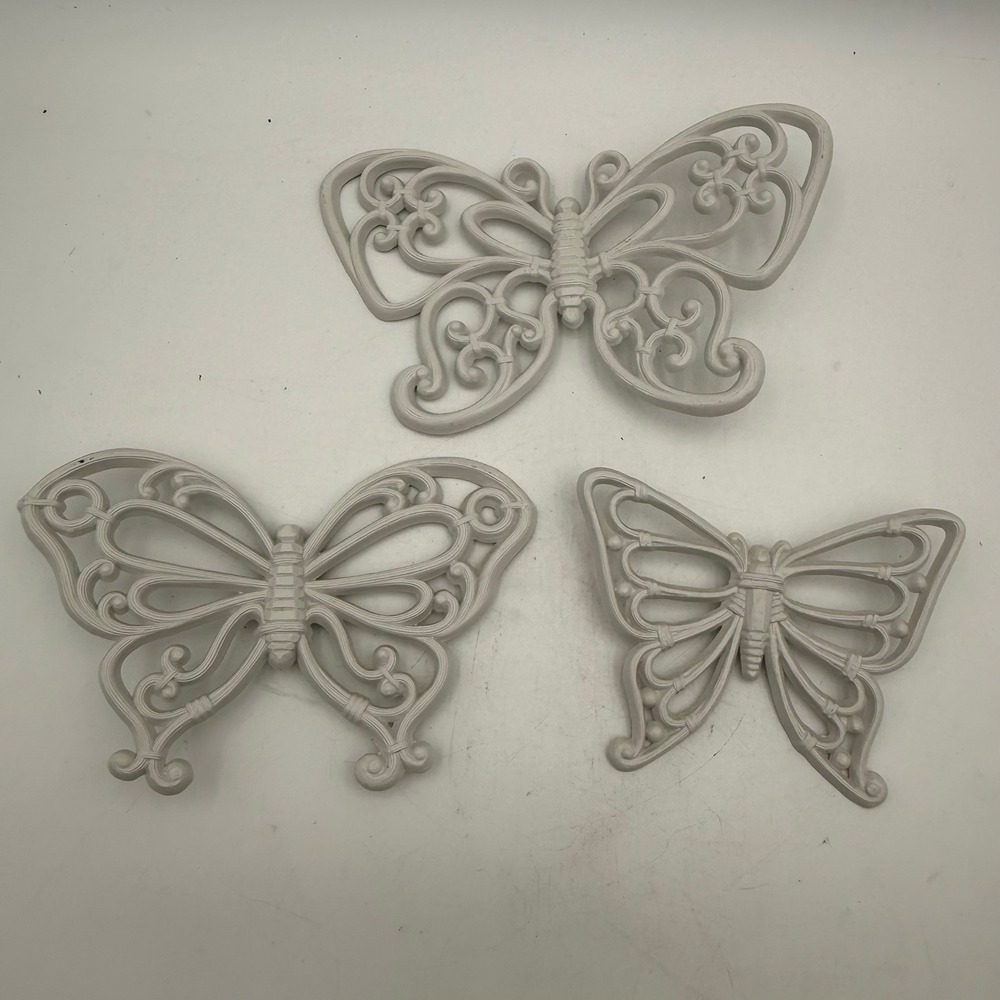 Vintage Homco Butterfly Wall Decor Set 3 Off White Plastic Filigree Scrollwork